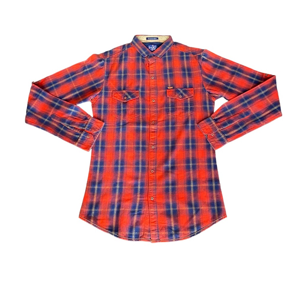 NWOT burnt orange and blue flannel plaid shirt with Western details. L